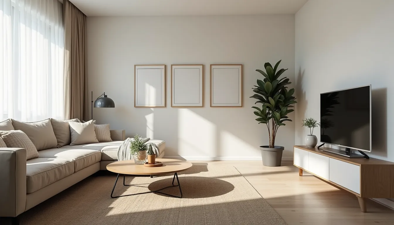 Bright living room with a sectional sofa and spotless floors after a house cleaning by TCS Cleaning Service