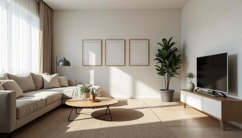 Bright, tidy living room with a sofa and plants after a standard cleaning in Maryland