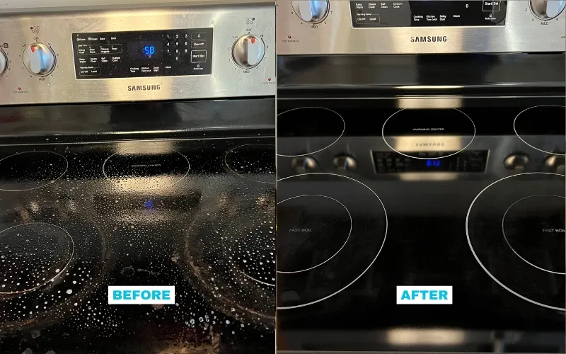 Glass stovetop before and after cleaning, shown side by side (Before & After by TCS Cleaning Service)
