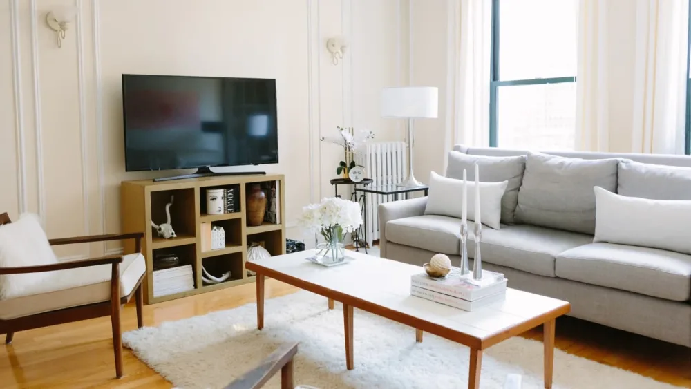 Bright, tidy living room with a gray sofa and a white rug, the kind of space a seasonal cleaning refreshes for a new season